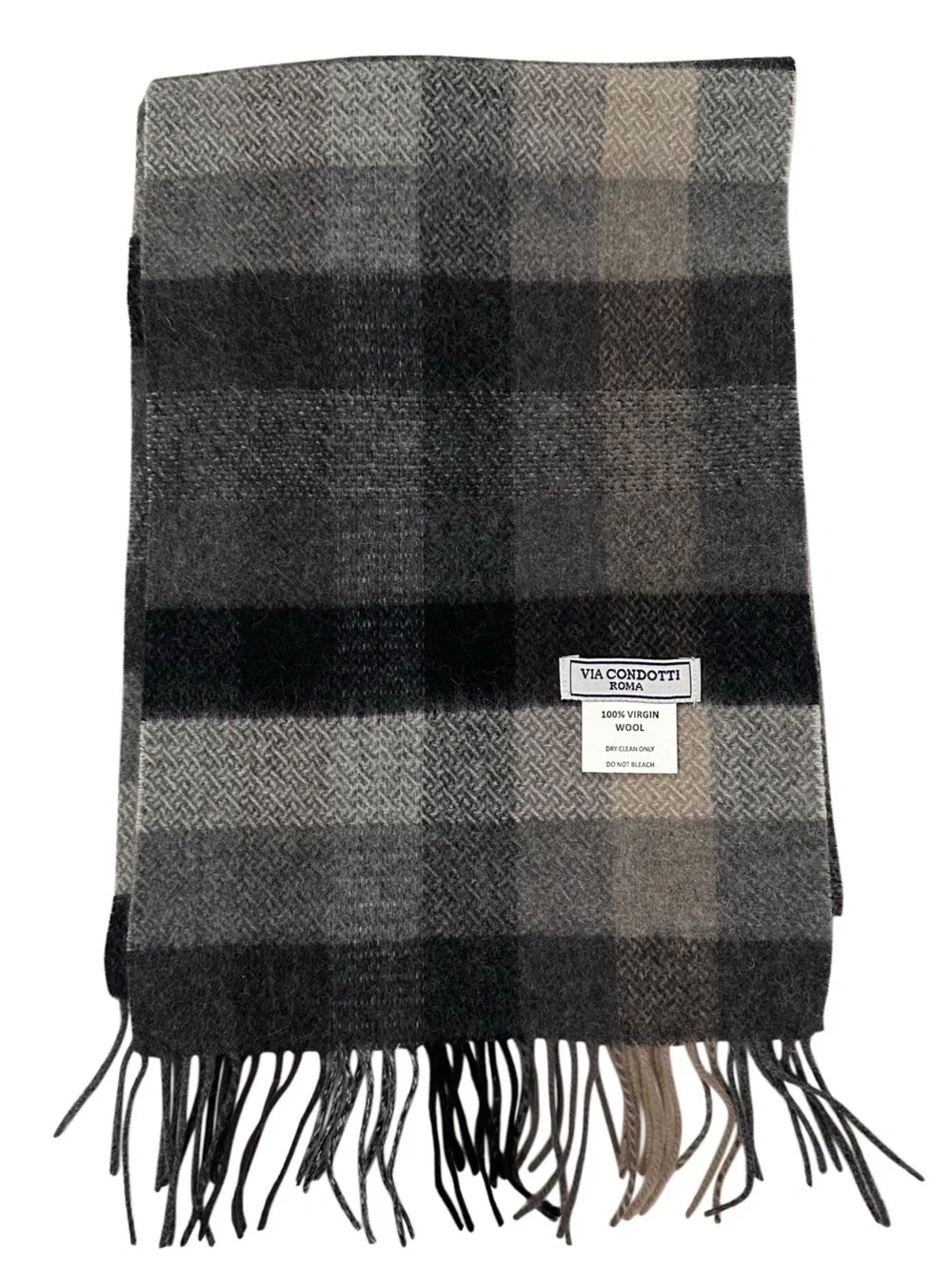 Via Condotti Roma 100% Virgin Wool Plaid Herringbone Fringe Scarf Gray Black